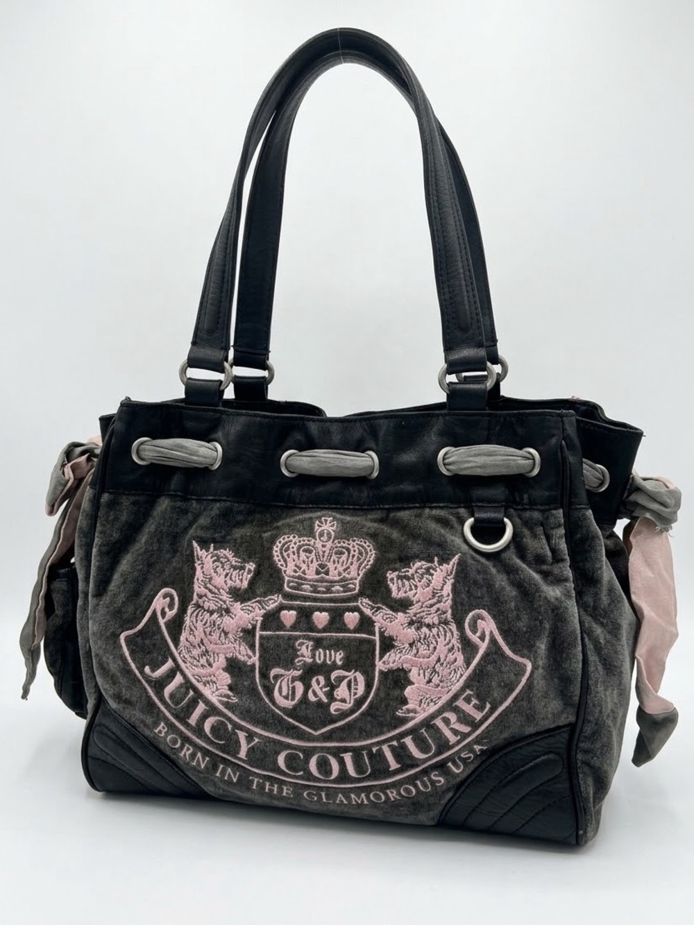 Juicy Couture Vintage Y2K Scottie Daydreamer Shoulder Tote Bag Velour Grey Pink